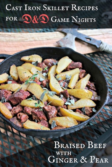 Adventurer's Braised Beef with Ginger and Pear, one of The Gluttonous Geek's cast iron skillet recipes for DnD groups -- perfect for taking your game night outside and rolling some dice around the campfire. Dnd Inspired Recipes, Dnd Recipe Ideas, Dungeons And Dragons Food, Dnd Snacks, Adventure Snacks, Taverns Recipe, Nerdy Food, Tavern Food, Dnd Food