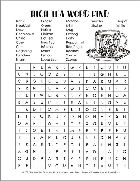 Tea Party Word Search Free Printable, Tea Time Trivia, High Tea Games, Afternoon Tea Ideas Decorations, High Tea Decor, Tea Ministry, Tea Activities, Kitchen Tea Games, Tea Games