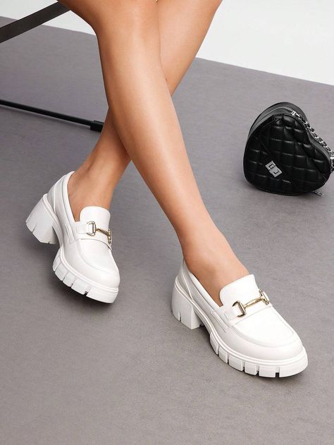 Women's Loafers Platform Chunky Loafers & Slip On Casual Leather ShoesI discovered amazing products on SHEIN.com, come check them out! White Chunky Loafers, Loafers Aesthetic, Loafers Platform, Leather Shoes Women Flats, White Loafers, Chunky Loafers, Semi Casual, Casual Leather Shoes, Platform Loafers