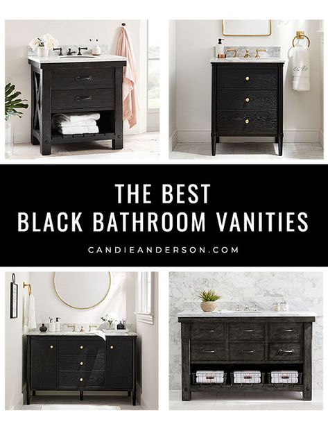 The best black bathroom vanities in a variety of styles - from rustic to farmhouse, contemporary, modern, Parisian chic, marble top and much more. Black Vanity Cabinet Bathroom, Black Bathroom Vanity Art Deco, Black Single Vanity Bathroom, Black Bath Vanity, Black Vanities Bathroom, Black Vanity Powder Room, Bathrooms With Black Vanities, Black Vanity Bathroom Ideas, Bathroom With Black Vanity