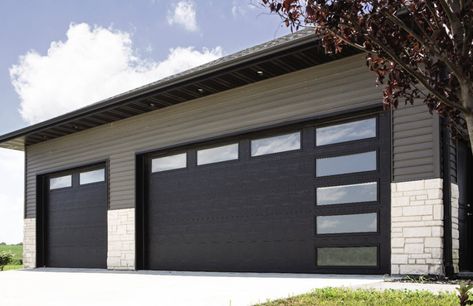 Modern Garage Door with Windows Garage Doors Uk, Brown Garage Door, Contemporary Garage Doors, Contemporary Garage, Garage Insulation, Garage Door Panels, Garage Door Windows, Modern Garage Doors, Garage Door Types