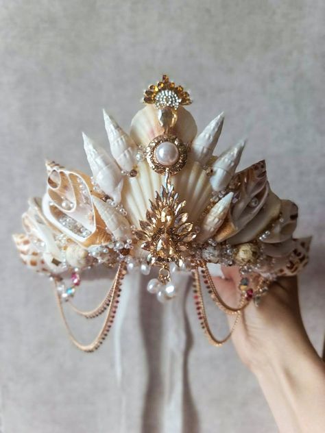 Gold Mermaid Crown. Birthday Crown Adult. Goddess Festival Sea Shell Crown. - Etsy UK Ocean Crown Aesthetic, Sea Shell Corset, Mermaid Crown Aesthetic, Mermaid Tiara Diy Seashell Crown, Mermaid Head Piece, Mermaid Cosplay Sirens, Mermaid Birthday Party Adult, King Triton Crown, Mermaid Crown Diy