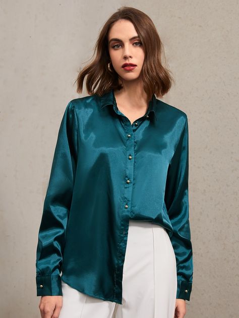 Turquoise Shirt Outfit, Teal Shirt Outfit, Dramatic Clothes, Silk Shirt Style, Green Silk Shirt, Blue Work Shirt, Turquoise Clothes, Teal Outfits, Rachel Green Outfits