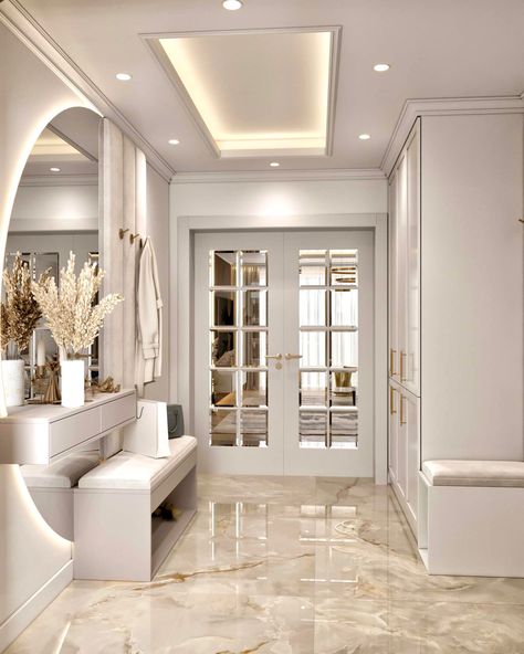 Home Renovation Aesthetic, Hall Entrance Design, Neo Classic Interior Design Luxury, House Interior Entrance, New Home Aesthetic, Architect Aesthetic, Hall Design Ideas, House Hall Design, Hall Room Design