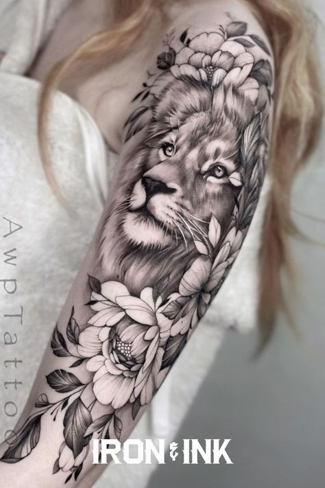 Lion Tattoo With Flowers, Thigh Piece Tattoos, Animal Tattoos For Women, Floral Back Tattoos, Tattoo Artist Tattoo, Animal Sleeve Tattoo, Lioness Tattoo, Christian Sleeve Tattoo, Lion Tattoo Sleeves