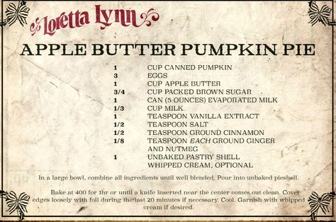 Loretta Lynn's Apple Butter Pumpkin Pie Loretta Lynn Crisco Recipes, Apple Butter Pumpkin Pie, Celebrities Recipes, Appalachian Cooking, Disney Cookbook, Crisco Recipes, Famous Recipes, Thanksgiving Gathering, Celebrity Recipes