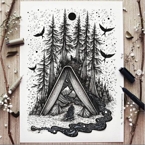 Camping Drawing, Pen Art Drawings, Ink Illustration, Pencil Art Drawings, Camping Tent, Ink Illustrations, Pen Art, Pen Ink, Cool Art Drawings