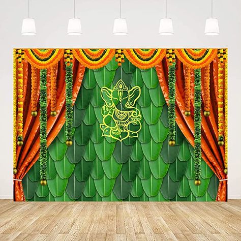 Ticuenicoa 7x5ft India Pooja Traditional Photography Backdrop Banana Leaf Green Chatiya Ganesh Background Puja Ganpati Pooja Mehndi backdrops Decorations Wedding Party Marigold Garlands Photo Props Ganesh Background, Leaf Decor Wedding, Photo Tapestry, Traditional Photography, Traditional Festival, Decoration For Ganpati, Festival Background, Green Banana, Green Backdrops