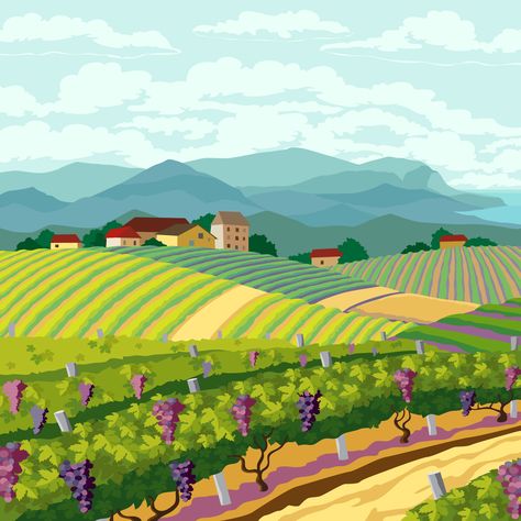 Landscape Vector Illustration, Motion Graphics Typography, Landscape Vector, Fantasy Drawings, Japon Illustration, Wine Brands, Rural Landscape, Landscape Illustration, Stained Glass Patterns