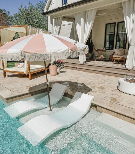 I'm sharing the best in pool chairs for your sun shelf or baja shelf! If you have a shelf inside your pool for lounging, you'll want to check out our favorite picks and which chairs are best for your space. Pool With Lounge Chairs In Pool, In Pool Lounge Chairs, In Pool Chairs, In Pool Umbrella, Pool Chairs In Water, Backyard Tanning Area, Swimming Pool Umbrella, Pool Travertine, Umbrella For Pool