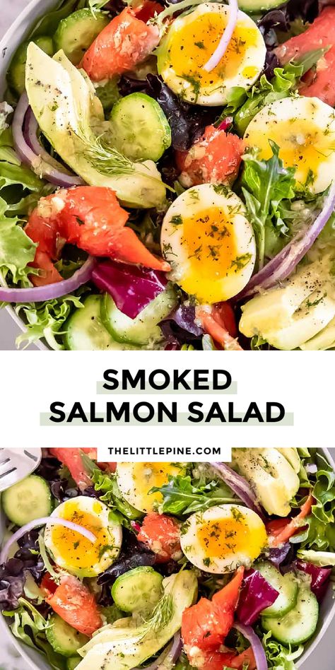 *NEW* Savory smoked salmon salad tossed in a bright and fresh lemon dill dressing, this is a quick, easy, and healthy lunch you’ll love! #smokedsalmonsalad #lowcarbsmokedsalmonsalad Smoked Salmon Salad Dressing, Smoked Salmon Salad Recipes, Smoked Salmon Salad, Blanching Green Beans, Salmon Salad Recipes, Gourmet Chicken, Winter Salad Recipes, Pan Seared Salmon, Salmon Salad