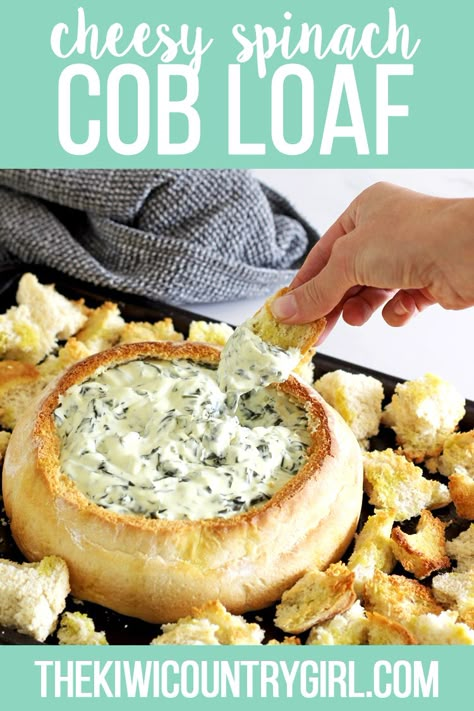 This delicious cheesy spinach cob loaf recipe is the most delicious appetizer ever! The best spinach cheese dip served up in a homemade cob loaf and ready to dip toasty bread into! #thekiwicountrygirl #cobloaf #appetizer Cheese Cob Loaf Dip, Cheese Cob Loaf, Best Cob Loaf Recipe, Vegetarian Cob Loaf, Cob Bread Recipe, Spinach Loaf Recipes, Vegan Cob Loaf, Cob Dip Recipes, Cob Loaf Recipe