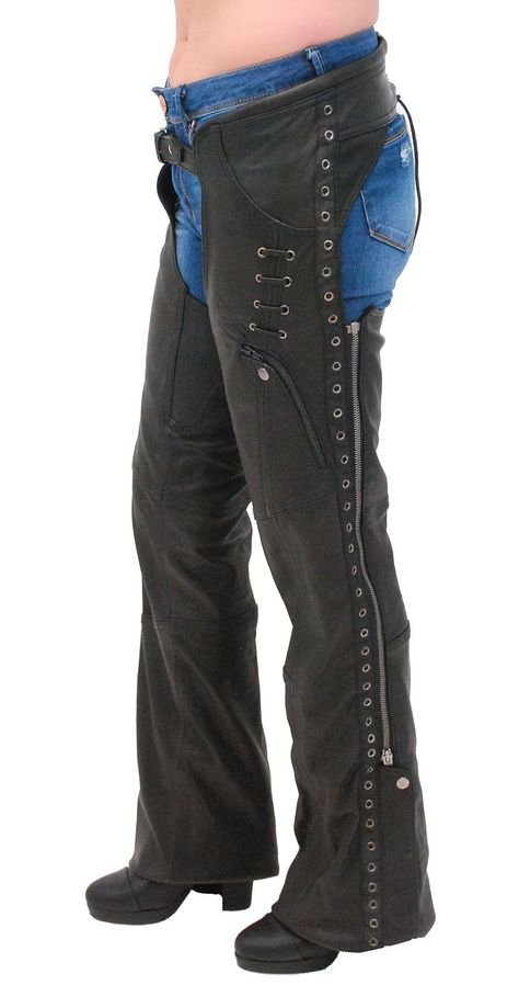 Women's harley chaps in a premium quality soft naked goatskin leather with a nylon strip of eyelets down each leg. Women's chaps with zip thigh organizer pocket, elastic stretch thigh and more. Diy Chaps, Biker Stuff, Leather Chaps, Leather Clothing, Denim Ideas, Creative Costumes, Women's Chaps, Wild Heart, Leather Skin