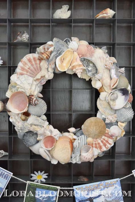 New Upcycle Ideas 693 - Funky Junk InteriorsFunky Junk Interiors Seashell Wreaths Diy, Wreath With Shells, Sea Shell Wreath Ideas Diy, Seashell Wreath Diy, Shell Wreath Diy Seashells, Twine Pumpkins, Seashell Party, Pallet Planter Diy, Sea Shell Wreath