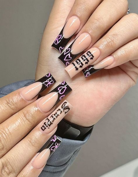 Nail Designs With Numbers, Nails With Old English Letters, 1994 Nails, Junior H Nails, Low Rider Nails, Chicano Nails Designs, Number Nails Design, Baddie Nail Art Designs, Chola Nails Acrylic