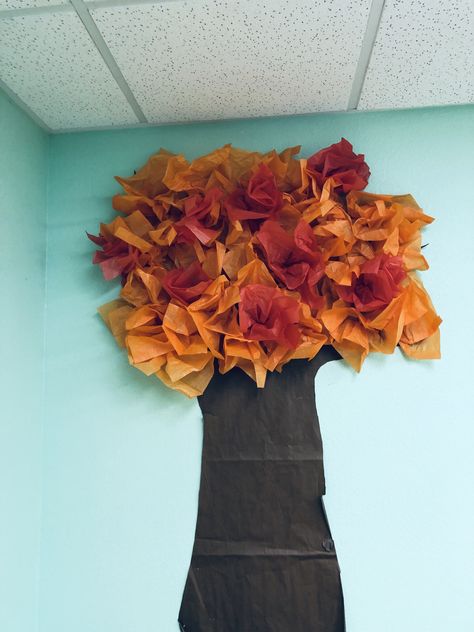 Fall Sunday School Decorations, Tissue Paper Tree, Tissue Paper Trees, Sunday School Classroom Decor, Fall Sunday, Sunday School Songs, Sunday School Decorations, Sunday School Rooms, Sabbath School