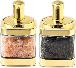 BETTWILL Glass Condiment Spice Jars, Container with Lids and Spoons(11oz/320 ml), Gold Salt Jar, 2Pack Seasoning Box Set for Sugar, Pepper, for Kitchen Counter，Brown Sugar Container. Gold Jars, Salt Jar, Salt Container, Sugar Container, Glass Spice Jars, Salt Box, Spice Box, Spice Containers, Kitchen Spices