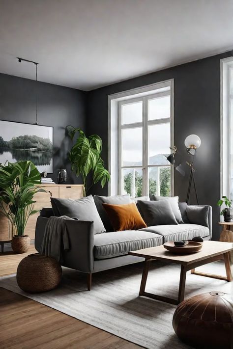 a Scandinavian living room with natural materials greenery and a soothing minimalist Scandi Living Room Decor, Scandi Living Room Ideas, Living Room Ideas Scandinavian, Dark Grey Couch Living Room, Scandi Living Room, Room Decor Tips, Living Room Decor Tips, Cozy Textiles, Scandi Living