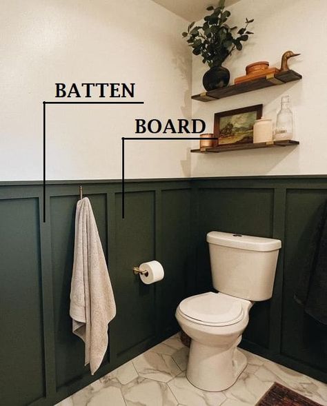 Small Half Bathroom, Makeover Kamar Mandi, Half Bathroom Decor, Wainscoting Bathroom, Board And Batten Wall, Small Bathroom Makeover, Downstairs Bathroom, Half Bathroom, Bathroom Inspiration Decor