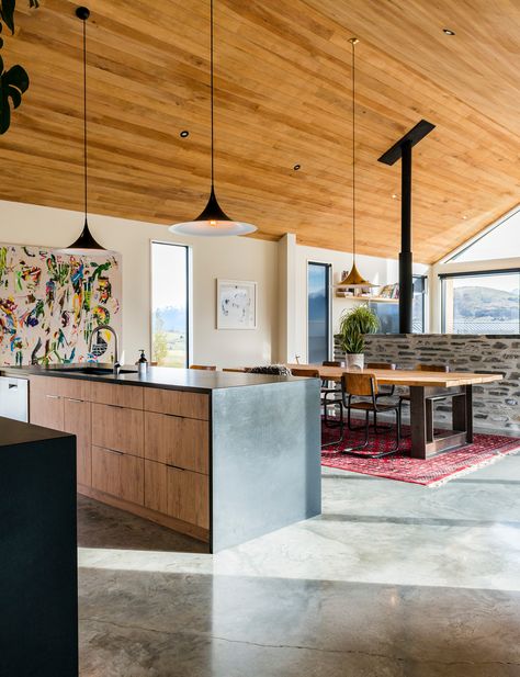 Kitchen Design Concrete Floor, Concrete Floor Kitchen Modern, Modern Kitchen Design Concrete Floor, Kitchen With Polished Concrete Floor, Kitchens With Concrete Floors, Modern Kitchen Concrete Floor, Wood Ceiling Concrete Floor, Wood Ceilings Concrete Floors, Polished Concrete Floor Kitchen Modern