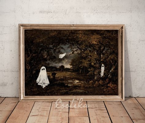 Vintage Wall Prints, Spooky Artwork, Spooky Wall Art, Halloween Kunst, Landscape Vintage, Fall Wall Decor, Dark Autumn, Vintage Halloween Decorations, Antique Oil Painting