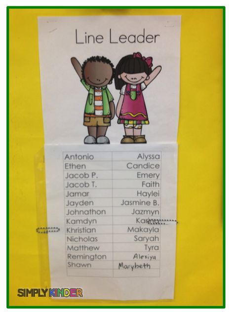 My line order list.  This year I did girls and boys because the students needed it, but most years it's line one and two.  Then rotate the paper clip for the line leader and that person comes out of line to the front for the day!  #SimplyKinder Line Order In Classroom, Kindergarten Management, Kindergarten Behavior, Teaching Prek, Preschool Organization, Behavior Tips, Math Blocks, Classroom Strategies, Classroom Behavior Management