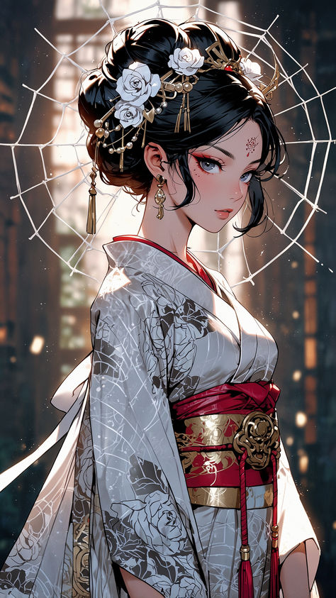 Discover the divine beauty of a Japanese geisha with radiant eyes and graceful features. Each 8k ultra high-res image unveils deep mysteries and intricate patterns, blending ancient beauty with high-end fashion Geisha Outfit Kimonos, Geisha Anime Art, Inuyasha Oc Female, Female Samurai Character Art, Geisha Outfit, Japanese Priestess, Japanese Comic Art, Geisha Aesthetic, Japanese Girl Art