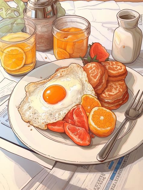 Breakfast Art Drawing, Ghibli Food Art, Anime Breakfast, 귀여운 음식 그림, Food Drawings, Food Artwork, Kawaii Cooking, Food Illustration Art, Delicacy Food