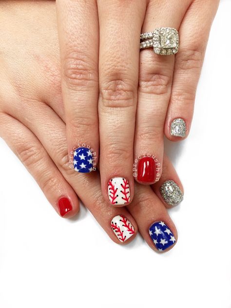 Baseball nails. Red white and blue nails. 4th of July nails. #PreciousPhan 4th Of July Baseball Nails, Red White And Blue Baseball Nails, Blue 4th Of July Nails, Nails Red White And Blue, Neon Pink Nail, Red White And Blue Nails, Neon Pink Nail Polish, Baseball Nails, Cooperstown Ny