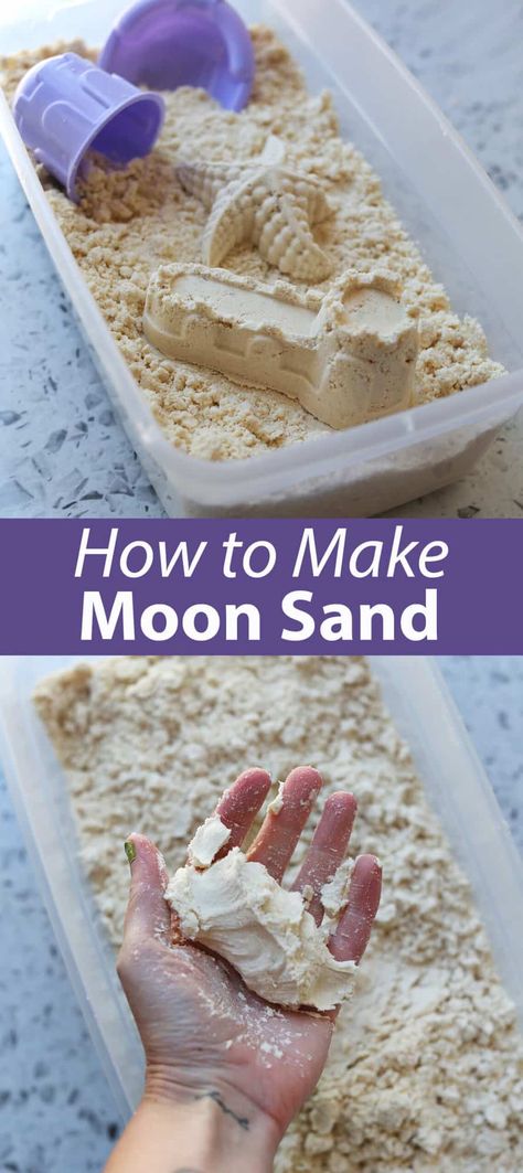 Easy DIY Moon Sand - Childhood Magic Moon Sand Recipe 2 Ingredients, Magic Sand Recipe, Diy Magic Sand, Sand Clay Recipe, Moon Sand Recipe, Homemade Kinetic Sand, How To Make Sand, Diy Moon Sand, Homemade Moon Sand