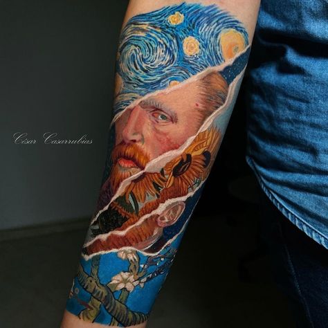 Vincent Van Gogh Tattoo, Starry Night Tattoo, Mermaid Sleeve Tattoos, Van Gogh Tattoo, Geometric Tattoo Sleeve Designs, Berlin Tattoo, Night Tattoo, History Tattoos, Wicked Tattoos