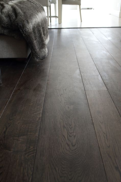 Dark Charcoal Oak Flooring in Multiple Widths and Lengths - Hicraft Dark Oak Flooring Kitchen, Dark Charcoal Flooring, Dark Parket Floor, Dark Oak Parquet Flooring, Tiles Like Wood Floor, Dark Floor Boards, Dark Grey Wooden Floor, Dark Lvt Flooring, Dark Grey Hardwood Floors