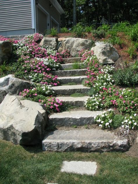 Hill Rock Garden, Historic Landscape Design, Shady Hillside Landscaping, New England Landscaping, Shady Backyard, Cottage Landscaping, Cottage Landscape, Sloped Backyard Landscaping, Stair Renovation