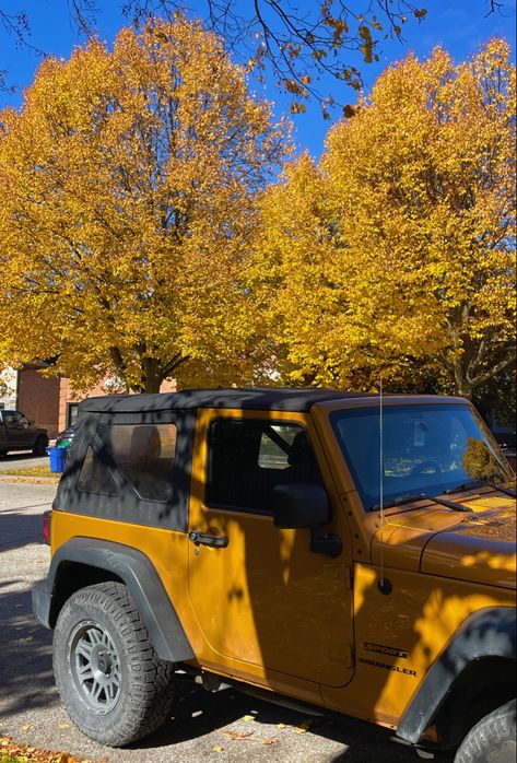 fall aesthetic, yellow leaves, yellow truck aesthetic, autumn vibes Truck Aesthetic, Yellow Truck, Yellow Jeep, Girls Vibes, Aesthetic Yellow, Hiking Aesthetic, Aesthetic Autumn, Yellow Aesthetic, Autumn Vibes