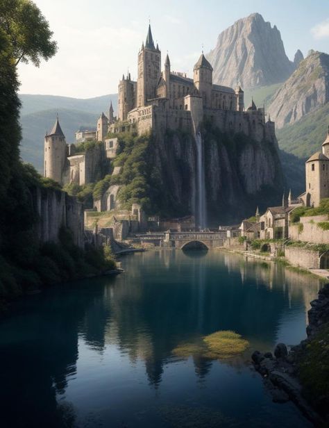 A large fortified castle on top of a hill, guarding the water source. A beautiful fortified city all around. Castle On Top Of Mountain, Castle By The Ocean, Houses Reference, Castle On Hill, Fortress Concept Art, Bloxburg Castle, Castle On A Hill, Water Castle, Fortified City