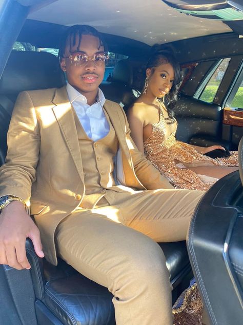 Junior Prom Dresses 2023, Gold Suit Prom, Old Money Prom Theme, Homecoming Colors For Couples, Brown Prom Suit, Prom Couples Outfits Matching, Jr Prom Dresses, Prom 2k23, Formal Poses