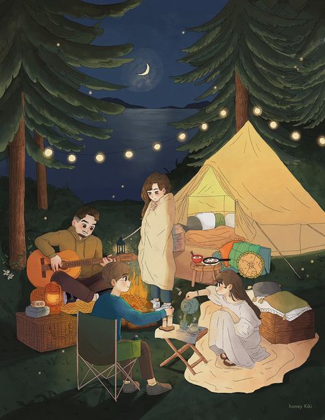 Honey Kiki Studio, Camping Digital Art, Camping Illustration Art, Camp Drawing, Camp Illustration, Camping Illustration, Camping Drawing, Cottage Illustration, Camping Couple