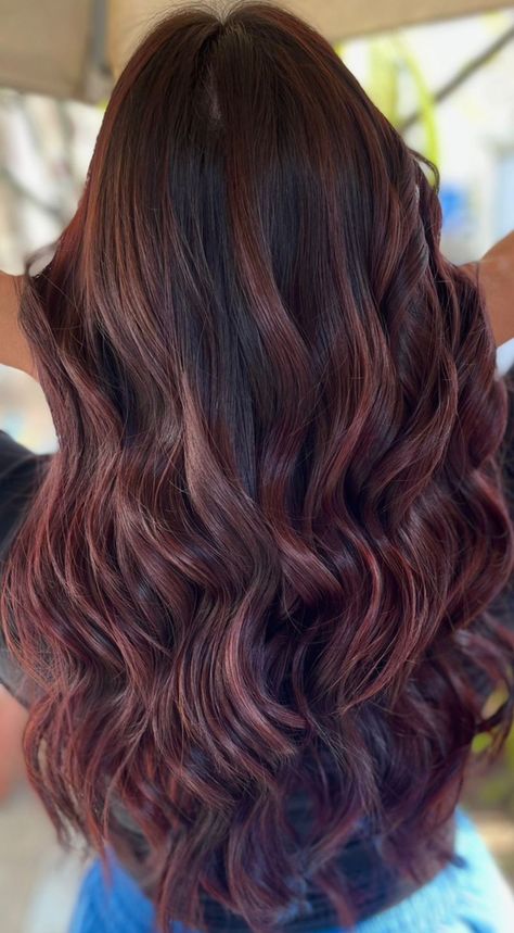 Black Hair With Rose Gold Highlights, Dark Brunette Balayage Hair, Cherry Cola Hair Color, Dark Brunette Balayage, Rose Gold Hair Brunette, Burgundy Balayage, Cherry Cola Hair, Red Balayage Hair, Black Red Hair