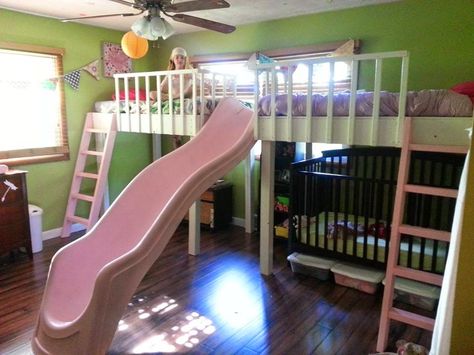 double loft bed diy kids slide Zara Bedroom, Loft Bed Ideas, Double Loft Beds, Diy Loft, Bed Slide, Custom Bunk Beds, Bunk Bed Plans, Diy Loft Bed, Bunk Bed With Slide