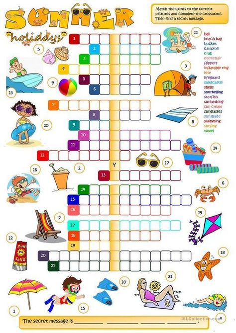 Here's another exercise to practice summer vocabulary. Your students have to match the words to the correct pictures and complete the crossword. Then find a secret message. Summer Vocabulary, Printable Crossword Puzzles, Ela Worksheets, Summer Worksheets, Holiday Worksheets, Crossword Puzzles, Vocabulary Worksheets, Esl Worksheets, Camping Crafts