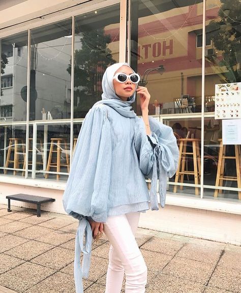 Hijab + Statement Sleeves + Baby Blue (izreensyafika) Light Blue Hijab Outfit, Ootd Baby Blue Hijab, Baby Blue Outfit Hijab, Blue Dress Outfit Hijab, Baby Blue Blazer Outfit, Purple Hijab Outfit, Dress Outfit Hijab, Baby Blue Dress Outfit, Blue Hijab Outfit