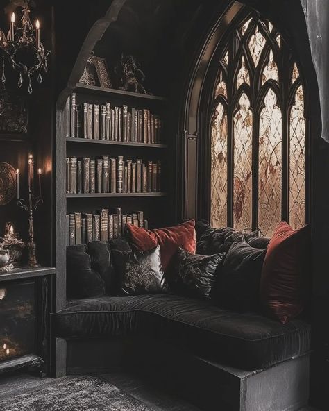 Ben Myhre (@benmyhre) • Instagram photos and videos Gothic Bay Window, Gothic Victorian Bedroom Aesthetic, Gothic Revival Bedroom, Open Home Layout, Gothic Reading Nook, Gothic Cottage Interiors, Victorian Home Aesthetic, Witch House Aesthetic, Gothic House Interior