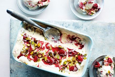 With only 5 ingredients, there couldn't be an easier treat to make this summer. Plum Ice Cream Recipe, Pistachio Semifreddo, Plum Ice Cream, Christmas Pudding Ice Cream, Frozen Deserts, Semifreddo Recipe, Raspberry Pistachio, Easy Treats To Make, Pistachio Recipes