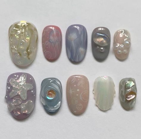 Aesthetic Pearls, Fish Nails, Swirl Nail, Swirl Nail Art, Nails Press Ons, Hippie Nails, Airbrush Nails, Pretty Gel Nails, Really Cute Nails