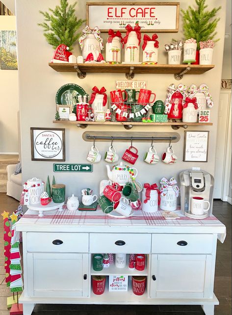 Rae Dunn Christmas, Rae Dunn Christmas Coffee Bar, Rae Dunn Gingerbread Display, Rae Dunn Christmas Mugs, Bar Displays, Rae Dunn Coffee & Tea Cups, Hot Cocoa Bar, Cocoa Bar, Hot Chocolate Bars