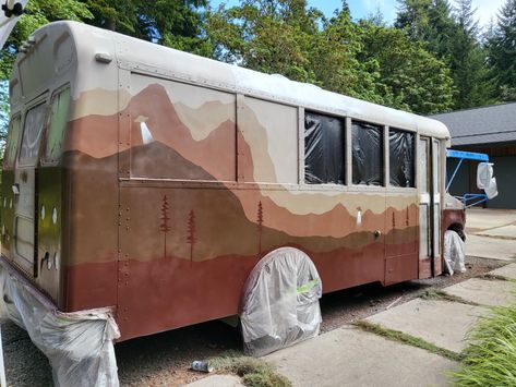 Painted School Bus Exterior, Skoolie Outside Paint, Skoolie Paint Ideas, Van Life Exterior Paint, Bus Exterior Paint Ideas, Painted School Bus, Skoolie Exterior Paint Ideas, Skoolie Paint Job, Painted Camper Exterior