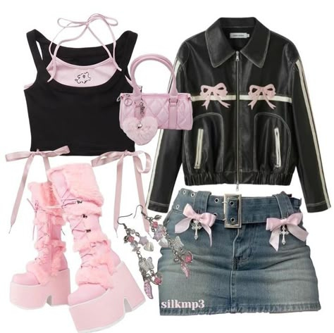 Pink And Black Concert Outfit, Kpop Concert Inspo Outfits, Girlypop Outfits, Pink Outfits Kpop, Pink Grunge Outfit, Pink Concert Outfit, Coquette Outfit Ideas, Coquette Outfit, Kpop Concert Outfit