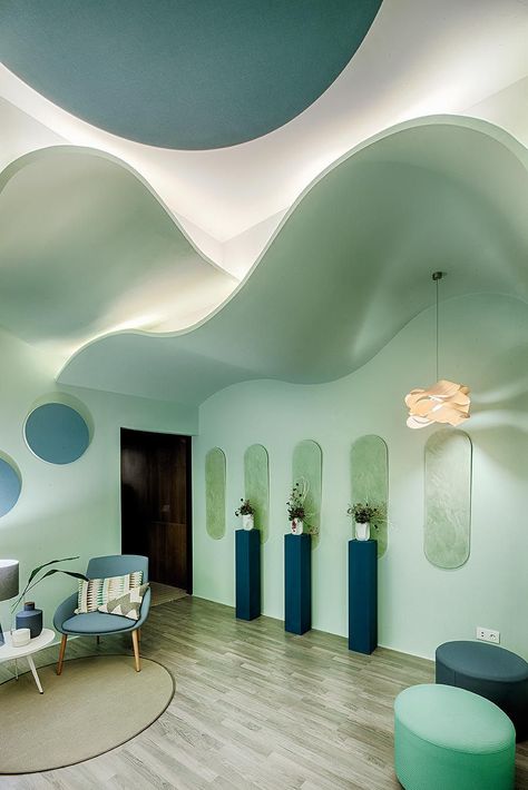 Blue Interior Design, Pop Ceiling Design, Interior Design Drawings, Hospital Design, Memphis Design, Healthcare Design, Green Interiors, Green Rooms, Commercial Design