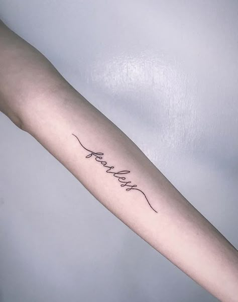 Small Fearless Tattoo, Tattoo Ideas Female Fearless, Fearless Wrist Tattoo, Fearless Word Tattoo, Fearlessness Tattoo, Fearless Tattoos For Women, Fearless Tattoo Ideas, Fearless Tattoos, Tattoo Courage