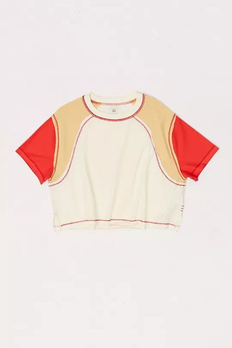 BDG Shelby Colorblock Tee | Urban Outfitters Distressed Top, Resort Outfit, Color Block Tee, Blouse Silk, Striped Pullover, Retro Tops, Bdg Urban Outfitters, Silk Tunic, Zara Kids